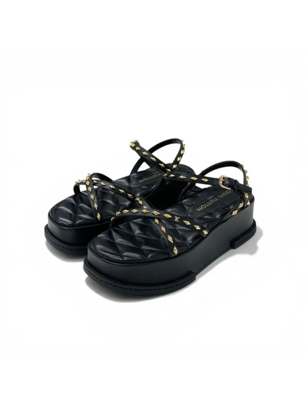 Louis Vuitton Maya Line Sandals Shoes Leather Black Gold LV Logo Studs Strap